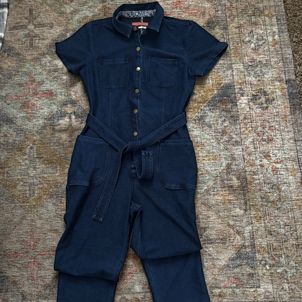 Anthropologie Navy Button-Up Jumpsuit